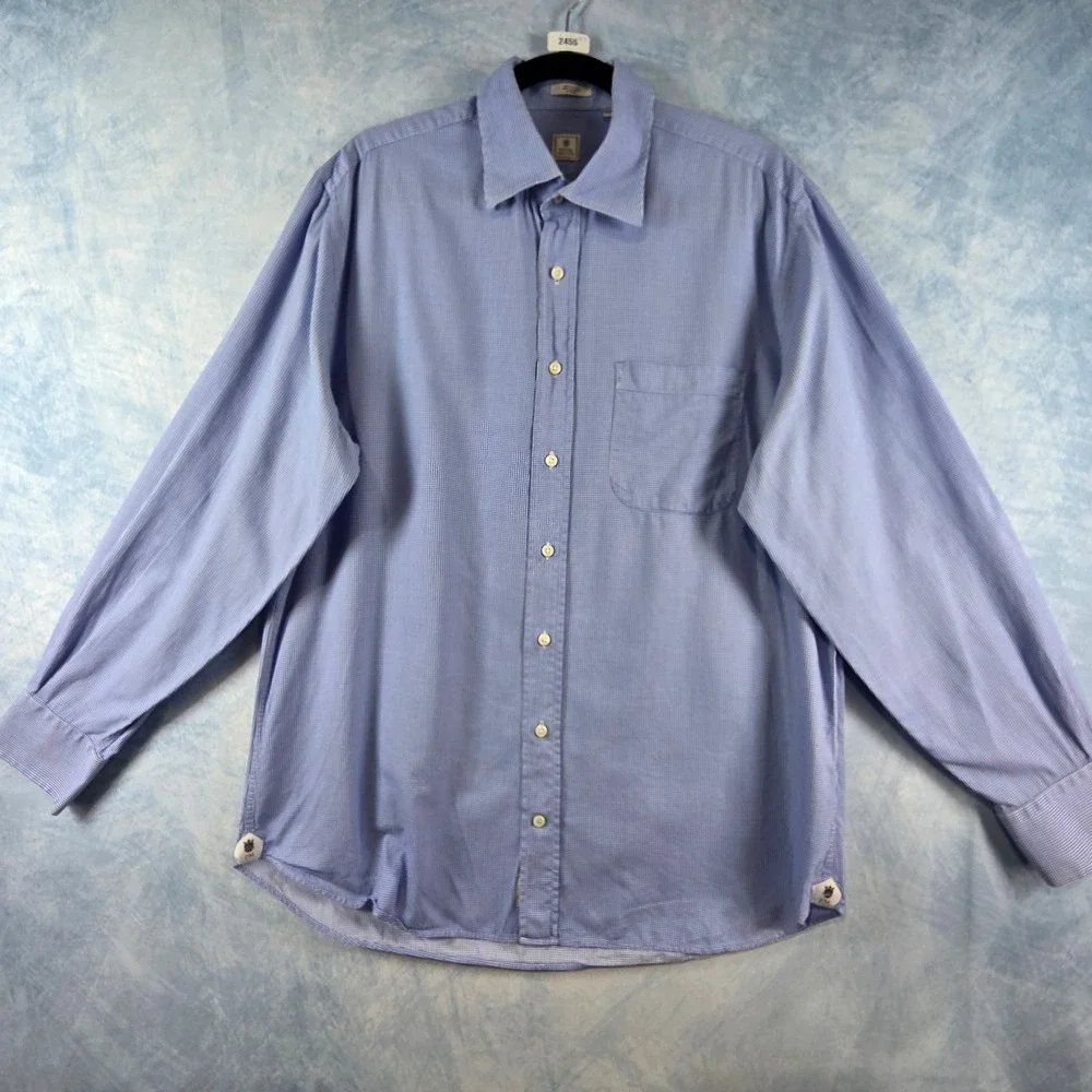 Peter Millar Mens Blue Gingham Cotton Button Down Shirt Large 16.5 2455‎